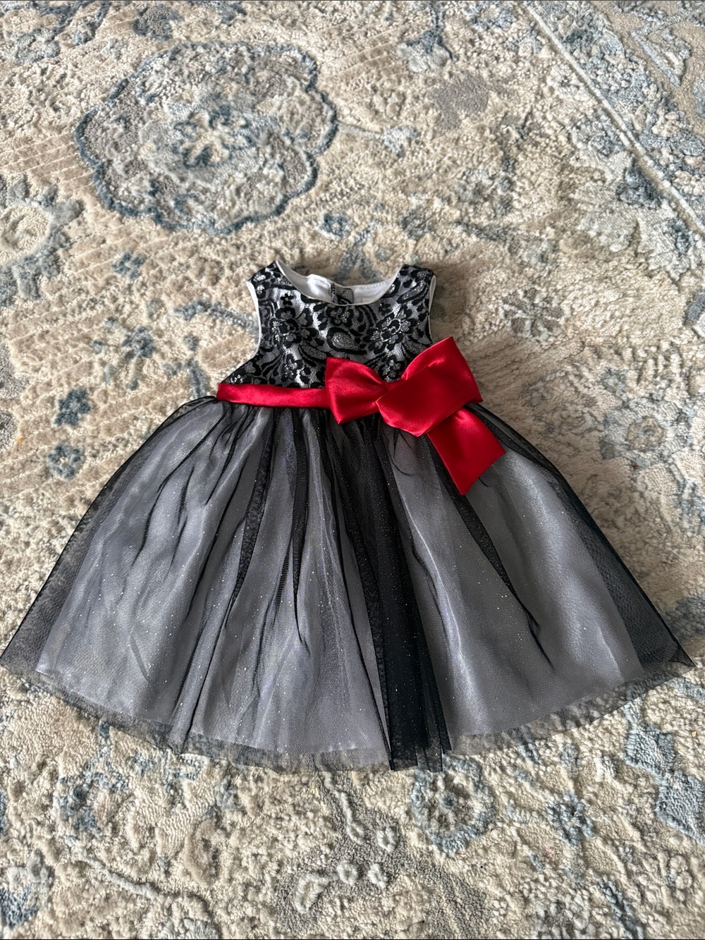 Youngland Black Lace & Tulle Dress with Red Satin Bow